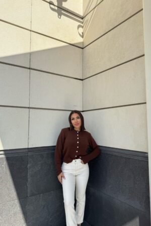 İnci Düğmeli Bisiklet Yaka Triko Hırka - Kahve