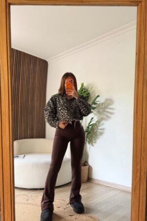 Yüksek Bel İspanyol Paça Fitilli Tayt - Kahve