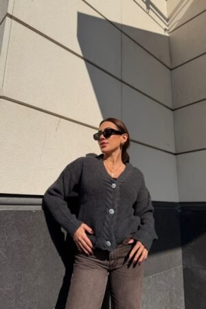 Taş Düğmeli V Yaka Triko Hırka - Antrasit