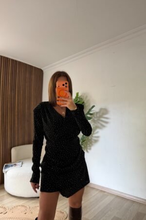 Taş Detaylı Vatkalı Mini Abiye Elbise - Siyah