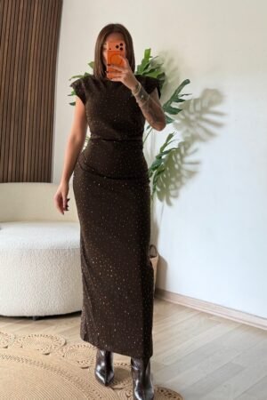 Taşlı Vatkalı Uzun Abiye Elbise - Acı Kahve