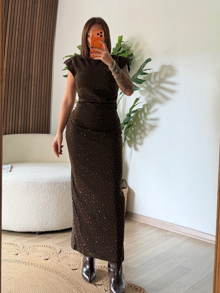 Taşlı Vatkalı Uzun Abiye Elbise - Acı Kahve