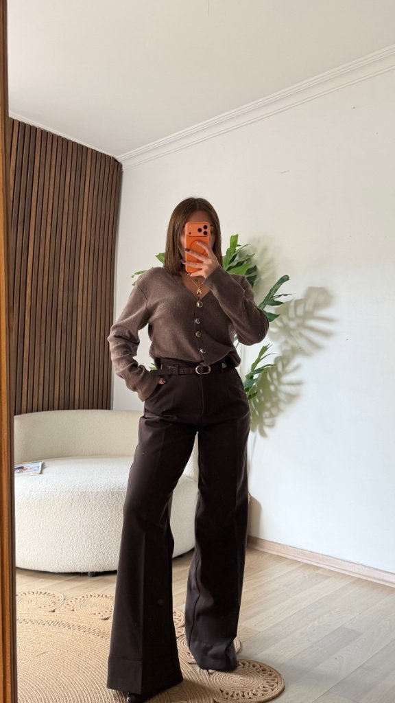 Kemerli Yüksek Bel Palazzo Kumaş Pantolon - Görsel 7