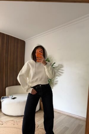 Kapüşonlu Crop Polar Sweatshirt - Ekru