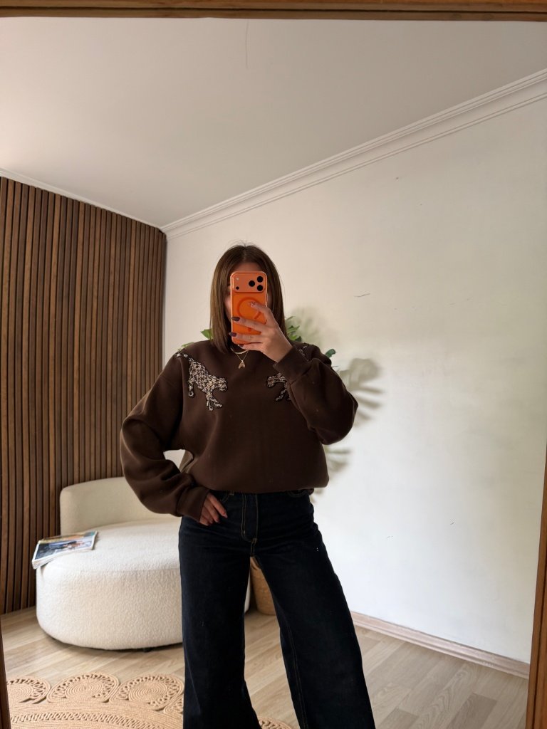 Omuzları Taş İşlemeli Sweatshirt - Kahve