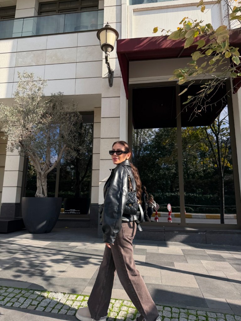 Bağcıklı Oversize Siyah Kadın Deri Ceket - Görsel 2