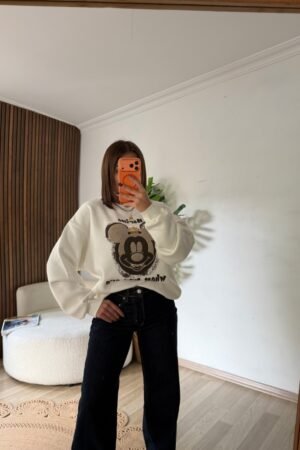 Taş İşlemeli Figür Baskılı Oversize Sweatshirt - Ekru