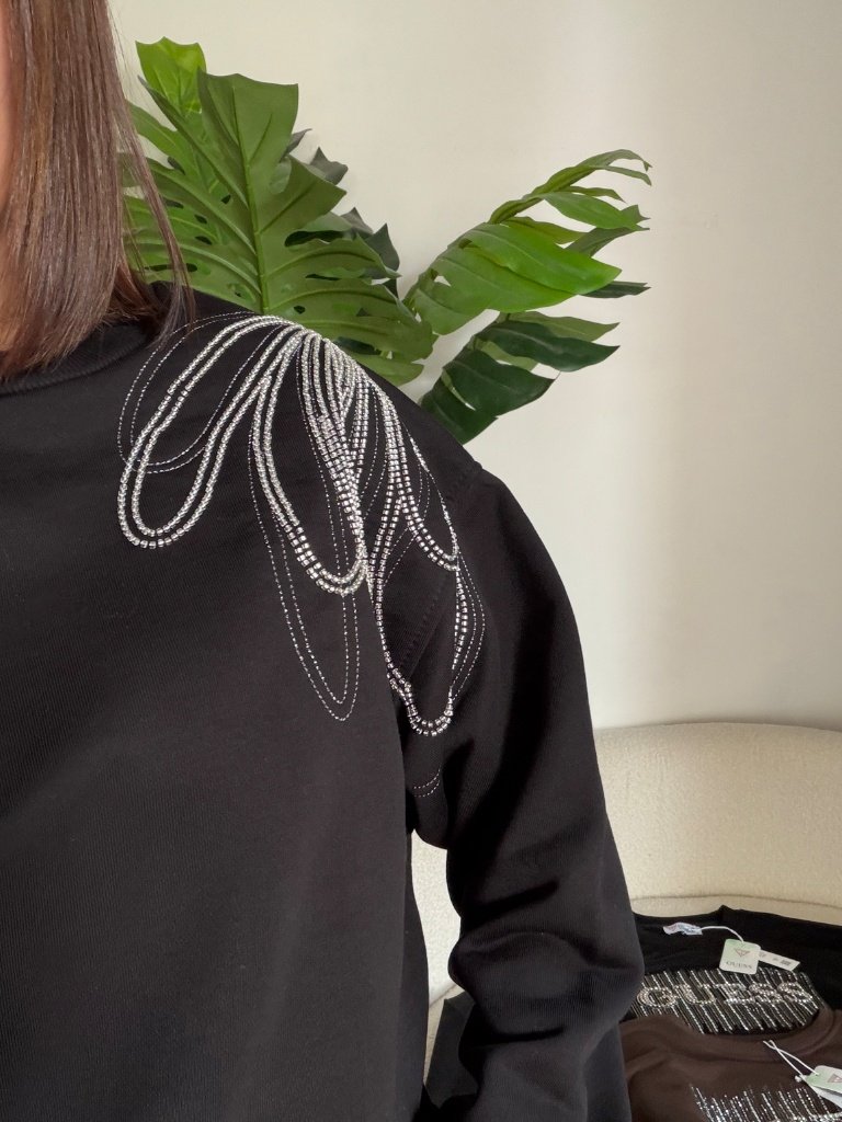 Omuzu Taş İşlemeli Sweatshirt - Siyah - Görsel 2