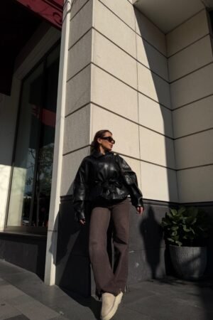 Bağcıklı Oversize Siyah Kadın Deri Ceket