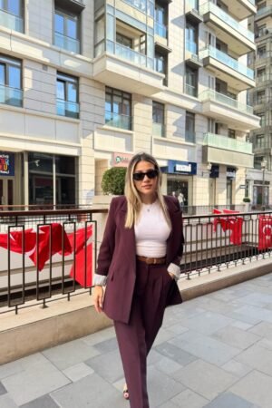 Blazer Ceket ve Bol Paça Pantolon Takım - Bordo