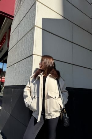 Kürk Yakalı Kaşe Bomber Ceket - Krem