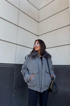 Kürk Yakalı Kaşe Bomber Ceket - Gri