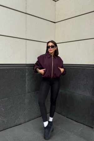 Yakalı Fermuarlı Bomber Ceket - Mürdüm