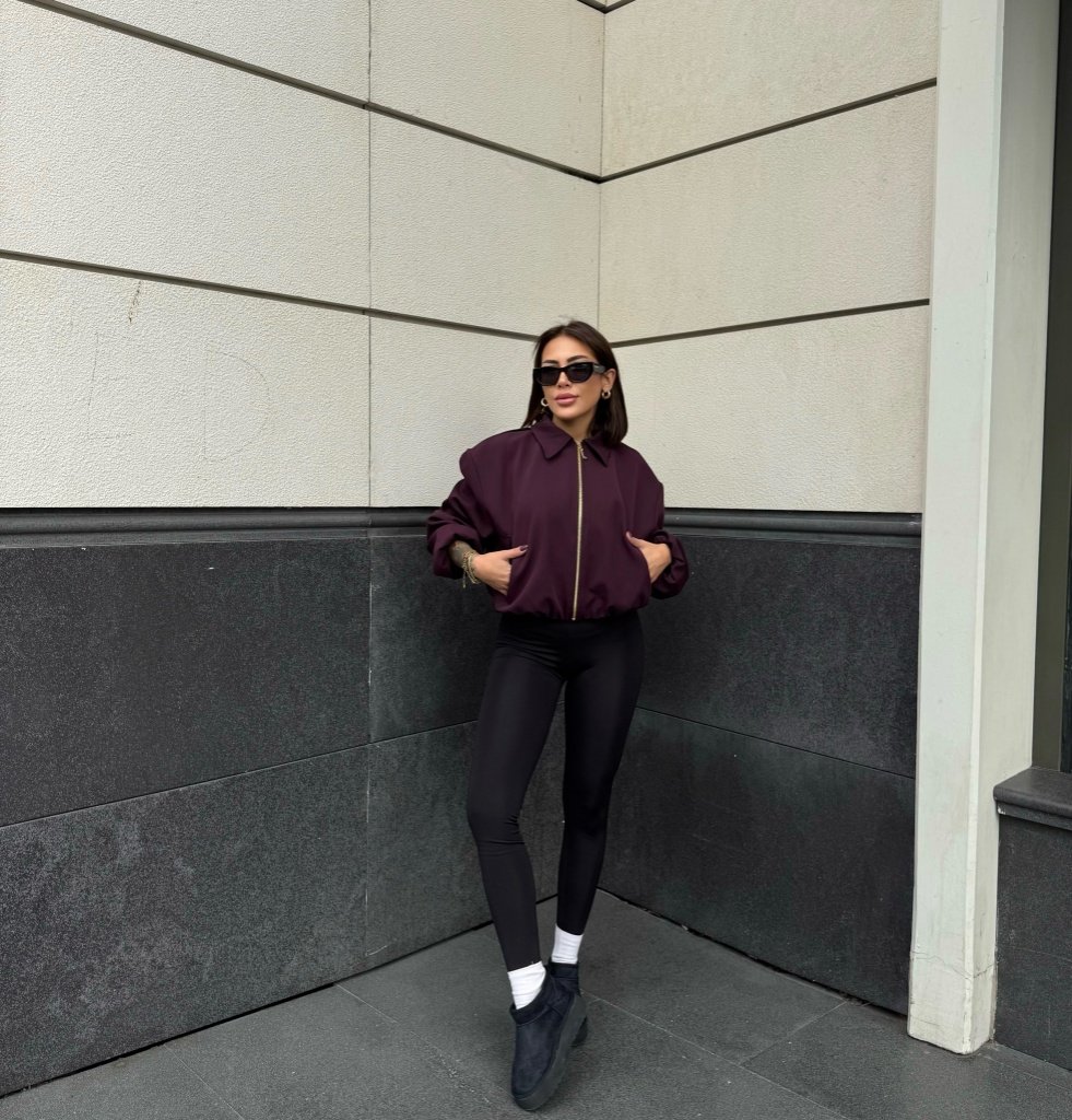 Yakalı Fermuarlı Bomber Ceket - Mürdüm