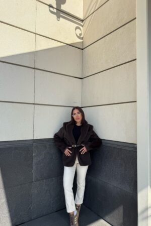 Kemerli Pelüş Kaban - Koyu Kahve