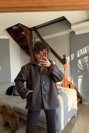 İçi Kürklü Deri Görünümlü Düğmeli Mont - Acı Kahve