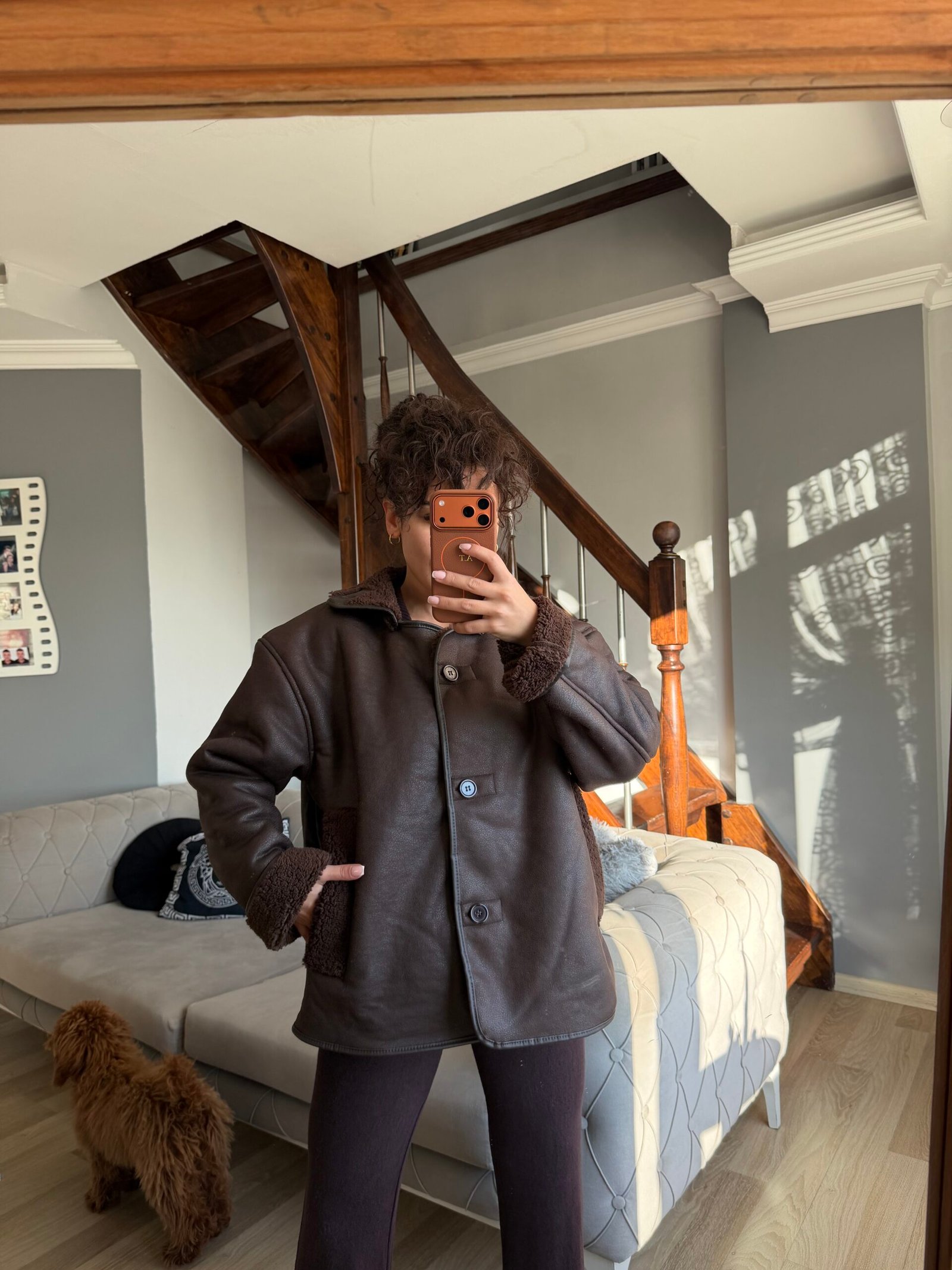 İçi Kürklü Deri Görünümlü Düğmeli Mont - Acı Kahve