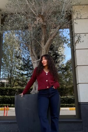 Gümüş düğmeli Crop Hırka