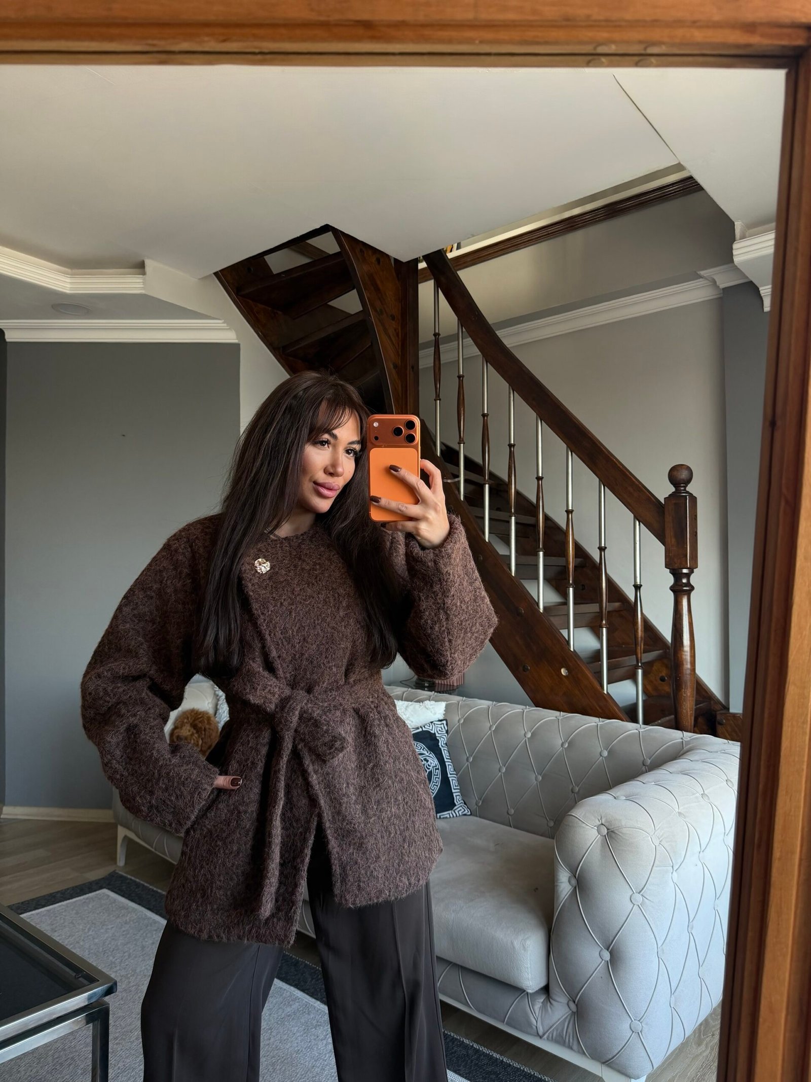 kuşaklı tüylü triko ceket