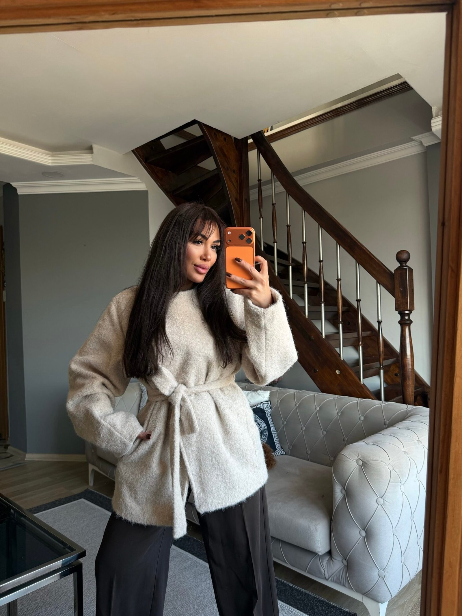 kuşaklı tüylü triko ceket - Görsel 2