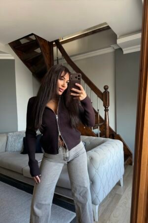 Fitilli triko, fermuarlı (çift yönlü) yaka hırka