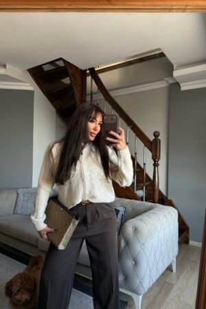 Çikolata kahve payet detaylı fermuarlı triko hırka