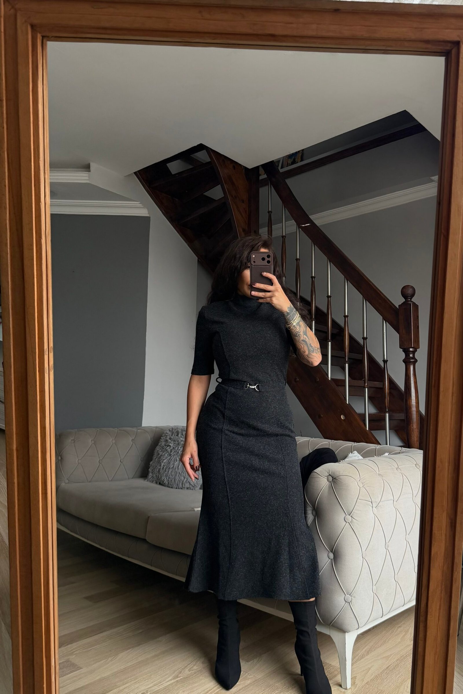 Belden Kemerli İnce Triko Elbise - Görsel 2