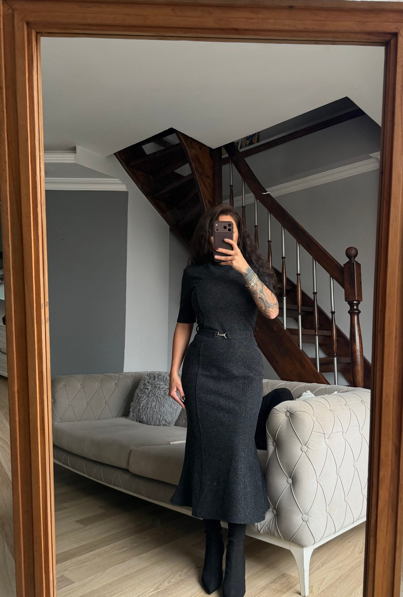 Belden Kemerli İnce Triko Elbise