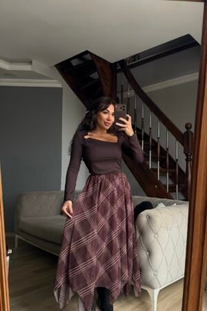 Tül Ekoseli Asimetrik Etek