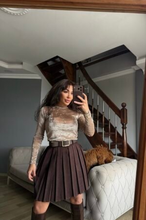 Piliseli Kemerli Süet Etek