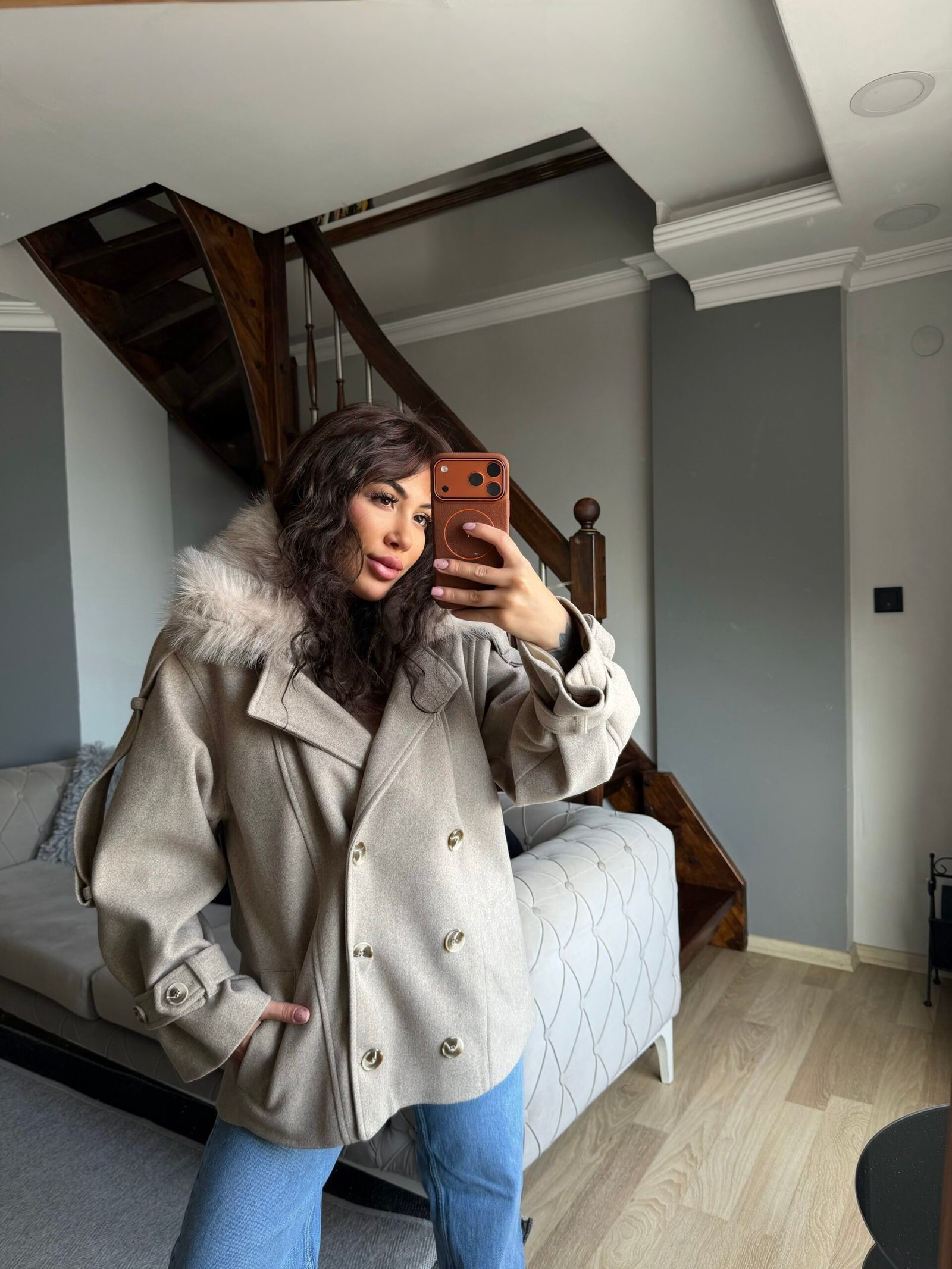 Yaka Kürklü Kruvaze Kaşe Kaban - Acı Kahve - Görsel 2