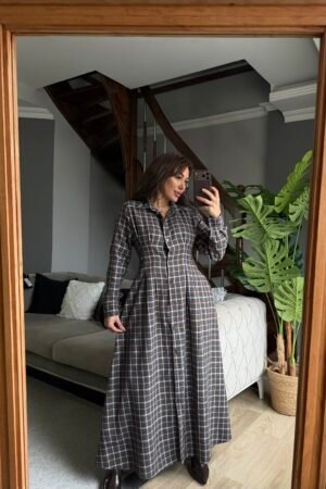 Ekoseli  Boydan Düğmeli Gömlek Elbise