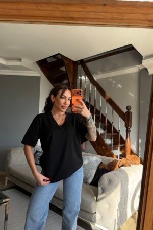 V yaka Basic Pamuk Kumaş Tişört