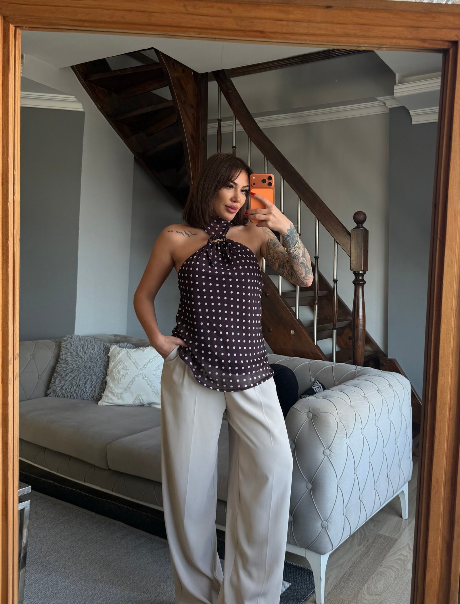 Puantiyeli boyundan bağlamalı tül bluz