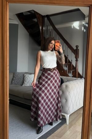 Kemerli Ekose Yüksek Bel Etek