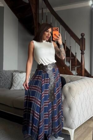 Lastikli Ekoseli Asimetrik Etek