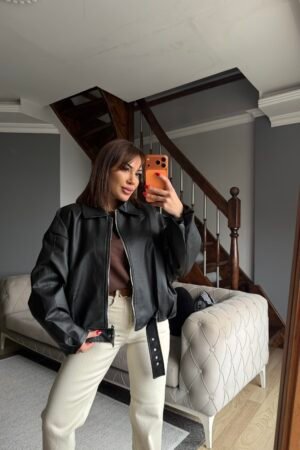 Oversize Kemerli Deri Ceket