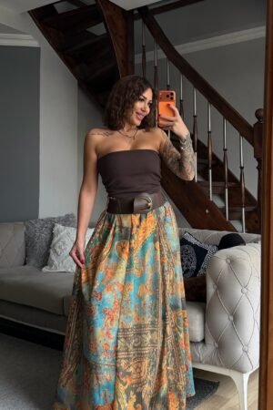 Kemerli Astarlı Etnik Desen Tül Etek