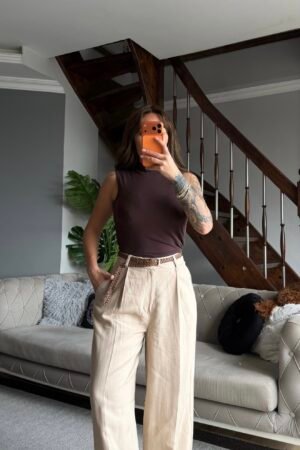 Kemerli Pensli Palazzo Kumaş Pantolon