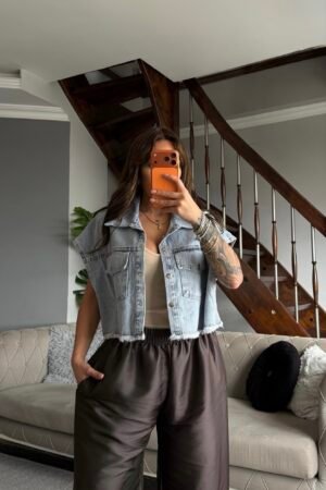 Püsküllü Denim Yelek