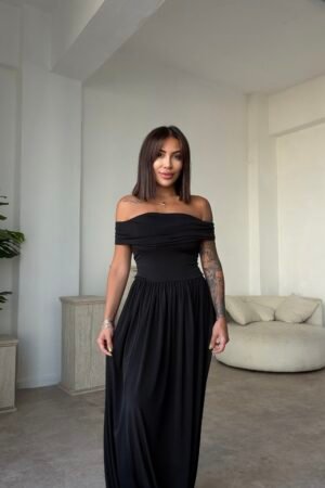 Sendy Kumaş Madonna Yaka  Bağcıklı Elbise