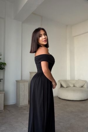 Sendy Kumaş Madonna Yaka  Bağcıklı Elbise