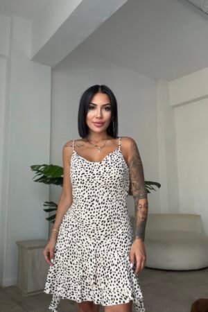 Leopar Desenli Askılı Mini Elbise